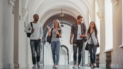 Students walking in university hall during break and communicating