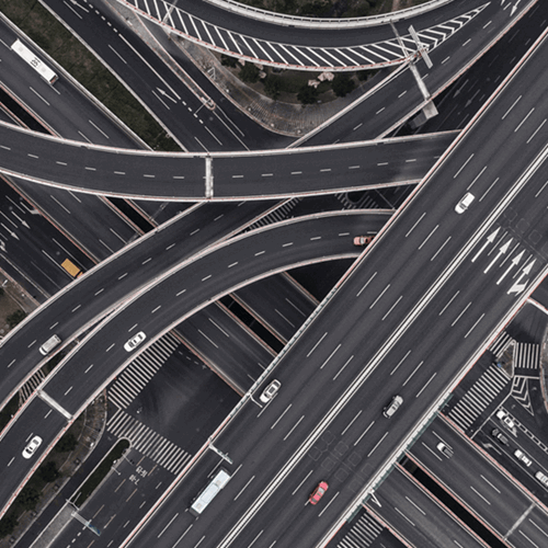 Aerial view of a complex highway intersection